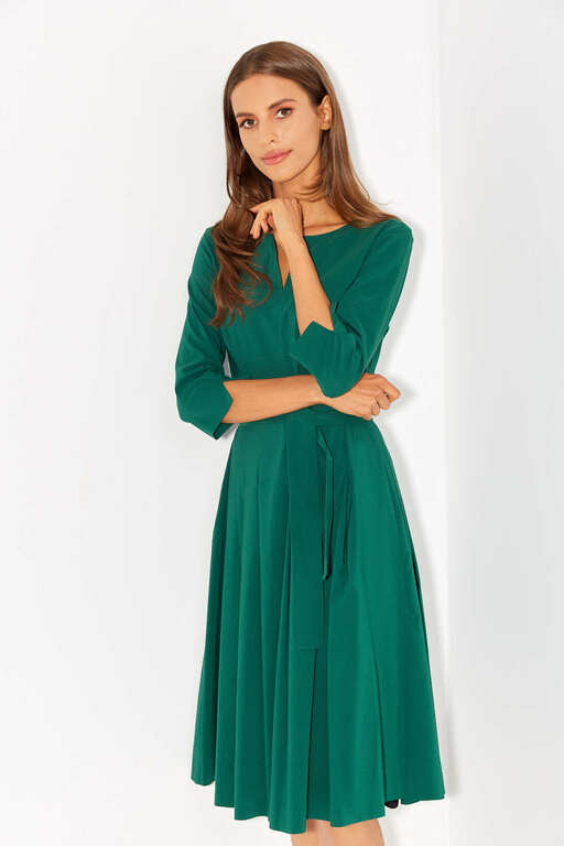 Sukienka z zakładkami z lekkiej bawełny- ciemna zieleń (1)